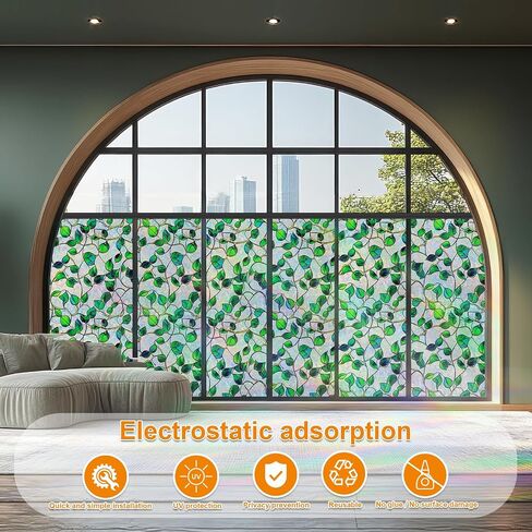 Window Privacy Film Static Cling Sticker Rainbow Window Film Glass Decals with Iridescent Effect, Removable Nature Pattern Tint for Home Bathroom Door Car Windows(Blue & Green pothos Botanical Design) in Saudi Arabia
