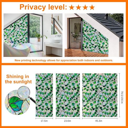 Window Privacy Film Static Cling Sticker Rainbow Window Film Glass Decals with Iridescent Effect, Removable Nature Pattern Tint for Home Bathroom Door Car Windows(Blue & Green pothos Botanical Design) in Saudi Arabia