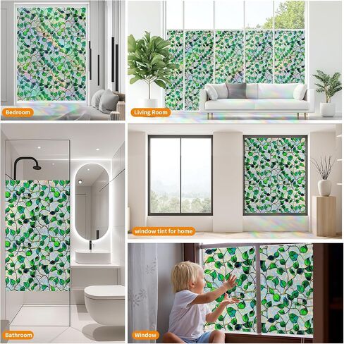 Window Privacy Film Static Cling Sticker Rainbow Window Film Glass Decals with Iridescent Effect, Removable Nature Pattern Tint for Home Bathroom Door Car Windows(Blue & Green pothos Botanical Design) in Saudi Arabia