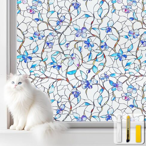 Window Privacy Film Static Cling Sticker Rainbow Window Film Glass Decals with Iridescent Effect, Removable Nature Pattern Tint for Home Bathroom Door Car Windows(Blue & Green pothos Botanical Design) in Saudi Arabia