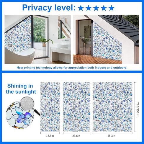 Window Privacy Film Static Cling Sticker Rainbow Window Film Glass Decals with Iridescent Effect, Removable Nature Pattern Tint for Home Bathroom Door Car Windows(Blue & Green pothos Botanical Design) in Saudi Arabia