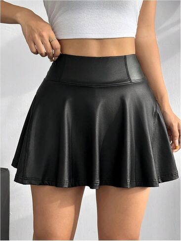 MakeMeChic Girl's PU Leather A Line Mini Skirt Flared Hem Ruffle Summer Short Skirts with Pocket in Saudi Arabia