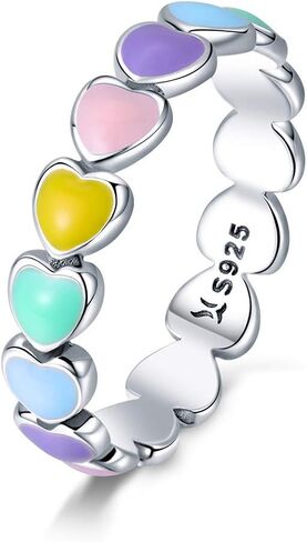 925 Sterling Silver Rainbow Heart Rings للنساء في سن المراهقة الفتيات Hypoallergenic اللطيفات الملونة الملونة الوعد in Saudi Arabia