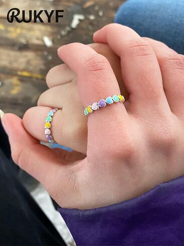 925 Sterling Silver Rainbow Heart Rings للنساء في سن المراهقة الفتيات Hypoallergenic اللطيفات الملونة الملونة الوعد in Saudi Arabia