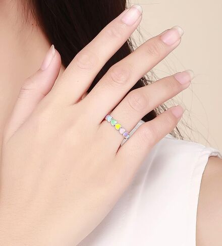 925 Sterling Silver Rainbow Heart Rings للنساء في سن المراهقة الفتيات Hypoallergenic اللطيفات الملونة الملونة الوعد in Saudi Arabia