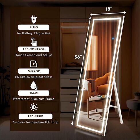 56 "x18" مرآة كاملة الطول مع أضواء ، إطار LED كامل الجسم مرآة مع 3 ألوان قابلة لل dimmable لغرفة المعيشة وغرفة النوم in Kuwait