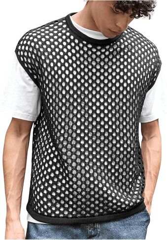 Floerns Men's Hollow Out Crew Neck Sweater Vest Cap Sleeve Casual Knitwear Tops in Saudi Arabia