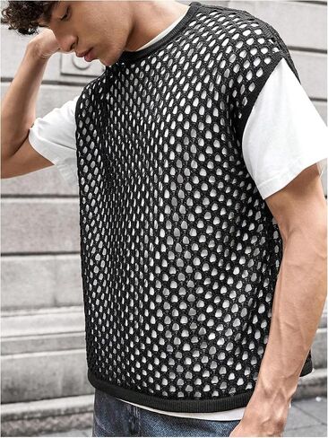 Floerns Men's Hollow Out Crew Neck Sweater Vest Cap Sleeve Casual Knitwear Tops in Saudi Arabia