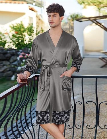 Ekouaer Mens ساتان رداء خفيفة الوزن حريري كيمونو رداء الاستحمام 3/4 SPA Loungwear مع جيوب S-3XL in Kuwait