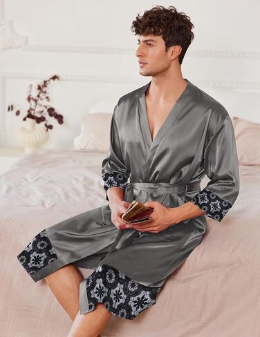 Ekouaer Mens ساتان رداء خفيفة الوزن حريري كيمونو رداء الاستحمام 3/4 SPA Loungwear مع جيوب S-3XL in Kuwait