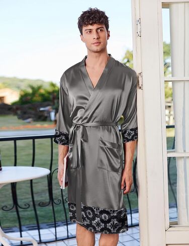 Ekouaer Mens ساتان رداء خفيفة الوزن حريري كيمونو رداء الاستحمام 3/4 SPA Loungwear مع جيوب S-3XL in Kuwait