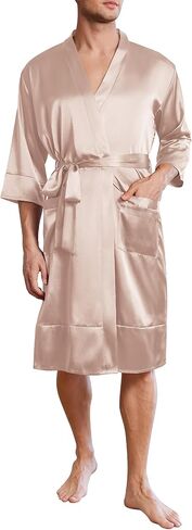 Ekouaer Mens Satin Robe Lightweight Silky Kimono Bathrobe 3/4 Sleeve Spa Knee Length Loungewear with Pockets S-3XL in Kuwait