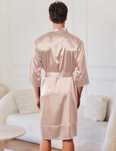 Ekouaer Mens Satin Robe Lightweight Silky Kimono Bathrobe 3/4 Sleeve Spa Knee Length Loungewear with Pockets S-3XL in Kuwait