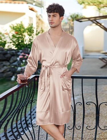 Ekouaer Mens Satin Robe Lightweight Silky Kimono Bathrobe 3/4 Sleeve Spa Knee Length Loungewear with Pockets S-3XL in Kuwait