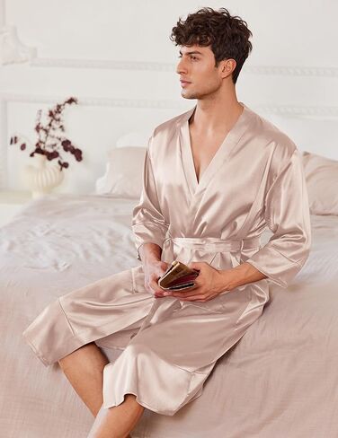 Ekouaer Mens Satin Robe Lightweight Silky Kimono Bathrobe 3/4 Sleeve Spa Knee Length Loungewear with Pockets S-3XL in Kuwait