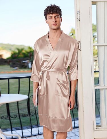 Ekouaer Mens Satin Robe Lightweight Silky Kimono Bathrobe 3/4 Sleeve Spa Knee Length Loungewear with Pockets S-3XL in Kuwait