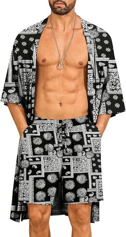 SWOMOG Mens Lightweight Kimono Robe with Shorts Set 2 PCS Printed Japanese Bathrobes Cardigan Robe with Belt & Pockets in Saudi Arabia