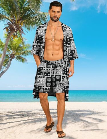 SWOMOG Mens Lightweight Kimono Robe with Shorts Set 2 PCS Printed Japanese Bathrobes Cardigan Robe with Belt & Pockets in Saudi Arabia