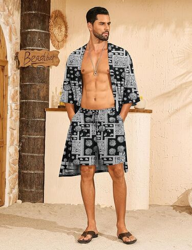 SWOMOG Mens Lightweight Kimono Robe with Shorts Set 2 PCS Printed Japanese Bathrobes Cardigan Robe with Belt & Pockets in Saudi Arabia