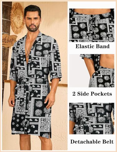 SWOMOG Mens Lightweight Kimono Robe with Shorts Set 2 PCS Printed Japanese Bathrobes Cardigan Robe with Belt & Pockets in Saudi Arabia