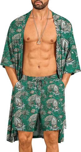 SWOMOG Mens Lightweight Kimono Robe with Shorts Set 2 PCS Printed Japanese Bathrobes Cardigan Robe with Belt & Pockets in Saudi Arabia