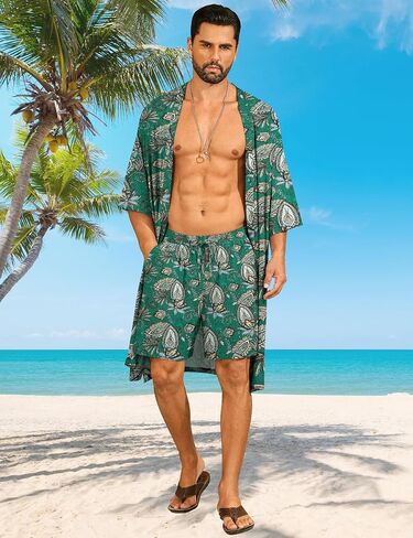 SWOMOG Mens Lightweight Kimono Robe with Shorts Set 2 PCS Printed Japanese Bathrobes Cardigan Robe with Belt & Pockets in Saudi Arabia