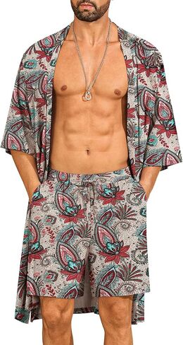 Swomog Mens رداء Kimono خفيفة الوزن مع شورت شورت 2 PCS طباعة رداء الحمام الياباني كارديجان مع حزام وجيوب in Saudi Arabia