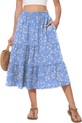 AYIFU Women's Summer Midi Skirt Tiered Flowy High Waist A-Line Elastic Ruffle Casual Skirts with Pockets in Saudi Arabia