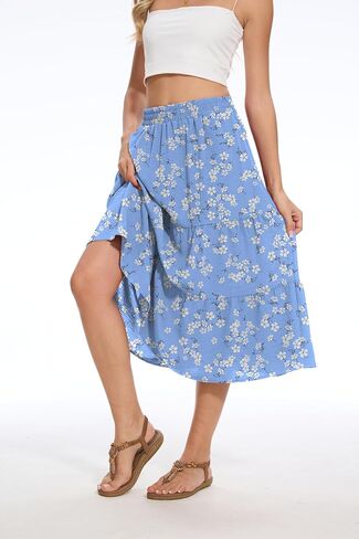 AYIFU Women's Summer Midi Skirt Tiered Flowy High Waist A-Line Elastic Ruffle Casual Skirts with Pockets in Saudi Arabia