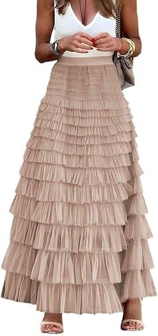 Womens Long Tulle Skirt A Line Ruffle Tiered Layered Skirts High Waisted Flowy Fairy Maxi Skirts in Saudi Arabia