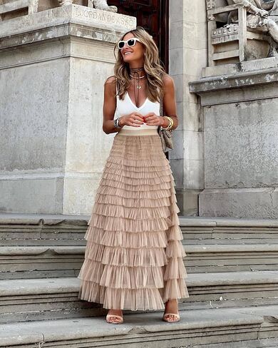 Womens Long Tulle Skirt A Line Ruffle Tiered Layered Skirts High Waisted Flowy Fairy Maxi Skirts in Saudi Arabia