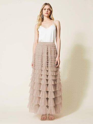 Womens Long Tulle Skirt A Line Ruffle Tiered Layered Skirts High Waisted Flowy Fairy Maxi Skirts in Saudi Arabia