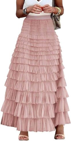 Womens Long Tulle Skirt A Line Ruffle Tiered Layered Skirts High Waisted Flowy Fairy Maxi Skirts in Saudi Arabia