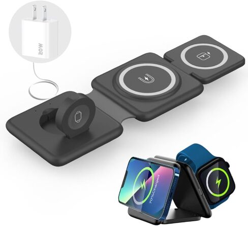 Wireless Charging Station 3 in 1 Foldable Magnetic 15W Travel Multiple Devices Fast Charger for iPhone 15/14/13/12 Series, AirPods 3/2/Pro/Pro2, iWatch (Black) in Saudi Arabia