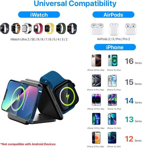 Wireless Charging Station 3 in 1 Foldable Magnetic 15W Travel Multiple Devices Fast Charger for iPhone 15/14/13/12 Series, AirPods 3/2/Pro/Pro2, iWatch (Black) in Saudi Arabia
