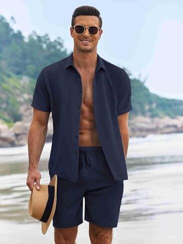 Men's 2 Piece Outfits Summer Beach Short Sleeve Shirts and Shorts Vacation Outfits Shirt and Shorts Sets for Men in Saudi Arabia