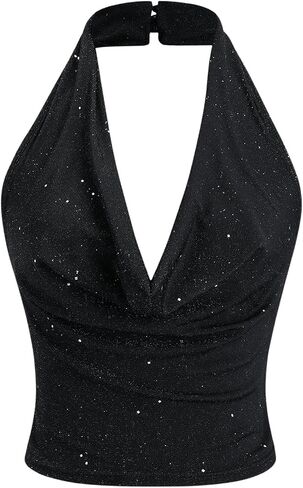 SOLY HUX Women's Halter Top Sparkly Sexy Backless Party Crop Tops Club Rave Festival Outfits Black in Kuwait