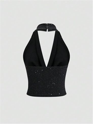 SOLY HUX Women's Halter Top Sparkly Sexy Backless Party Crop Tops Club Rave Festival Outfits Black in Kuwait