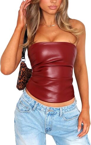 pu faux جلد أنبوب من أعلى القطع الخروج للنساء للنساء نادي Top Rave الحفل الموسيقي Ruched Bandeau Top Top in Kuwait