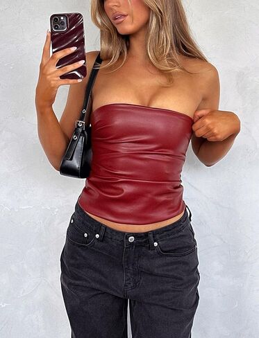 pu faux جلد أنبوب من أعلى القطع الخروج للنساء للنساء نادي Top Rave الحفل الموسيقي Ruched Bandeau Top Top in Kuwait