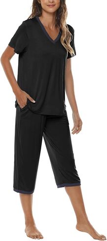 JINSHI Women's Pajamas Set Short Sleeve Top and Capri Pants Lightweight Sleepwear Comfy Pjs Lounge Set with Pockets in Saudi Arabia