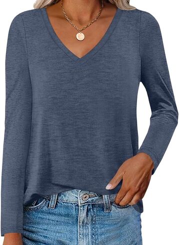 Womens V Neck Long Sleeve T Shirts Casual Curved Hem Tunic Tops Basic Loose Fit Tees 2025 in Kuwait