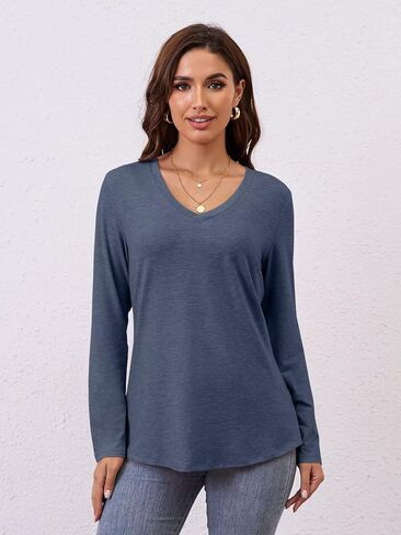 Womens V Neck Long Sleeve T Shirts Casual Curved Hem Tunic Tops Basic Loose Fit Tees 2025 in Kuwait