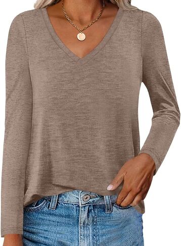 Womens V Neck Long Sleeve T Shirts Casual Curved Hem Tunic Tops Basic Loose Fit Tees 2025 in Saudi Arabia