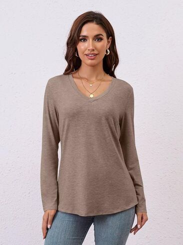 Womens V Neck Long Sleeve T Shirts Casual Curved Hem Tunic Tops Basic Loose Fit Tees 2025 in Saudi Arabia