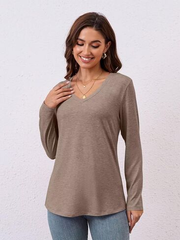 Womens V Neck Long Sleeve T Shirts Casual Curved Hem Tunic Tops Basic Loose Fit Tees 2025 in Saudi Arabia