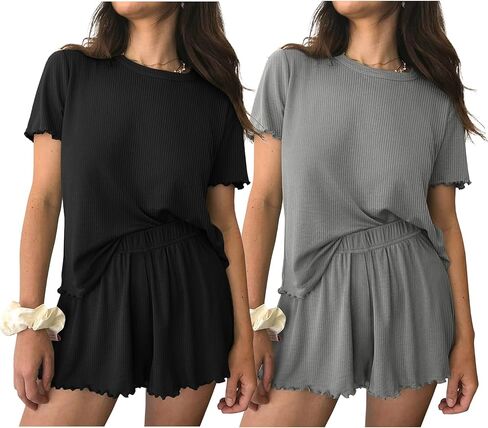 ekouaer 2 حزم النسائية pajama مجموعة قصيرة الأكمام ناعم العلوي الناعم والقصيرة pjs outfits outfits onounge مع جيوب in Kuwait