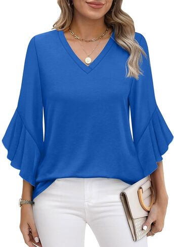 OFEEFAN Blouses for Women Dressy Casual 3/4 Length Sleeve Womens Tops V Neck Tshirts Shirts with Flared Sleeve in Saudi Arabia