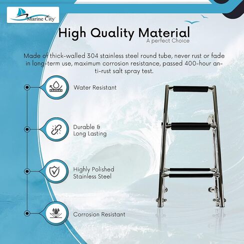 MARINE CITY 304 Grade Stainless Steel Anti Slip 1+2 Steps Folding Transom Boarding Ladder Folding Dock Ladder for Marines – Boats – Yachts – Swimming Pools (Pack of 1) in Saudi Arabia