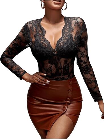 SOLY HUX Women's Lace Long Sleeve Bodysuit V Neck Sheer Mesh Sexy Body Suits Going Out Tops in Kuwait